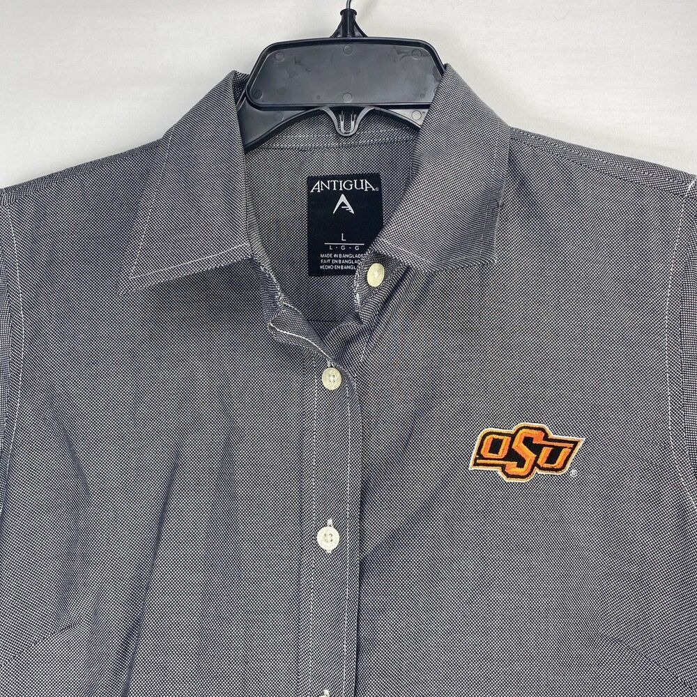 Antigua OSU Cowboys Size Large Button Up Golf Shirt Long Sleeve Solid Gray